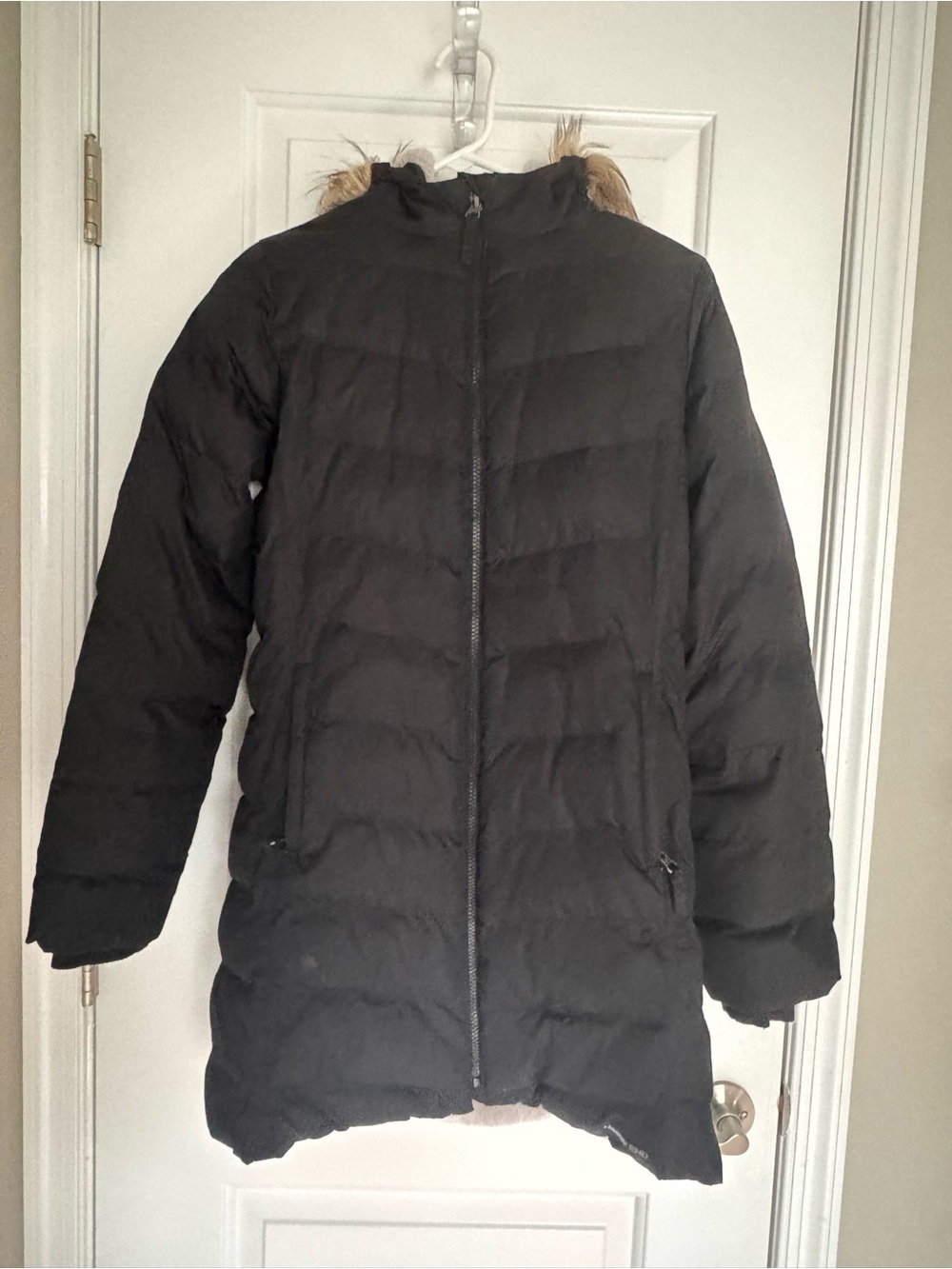Lands' End Girls Black Long Puffer Coat with Faux-Fur Trim